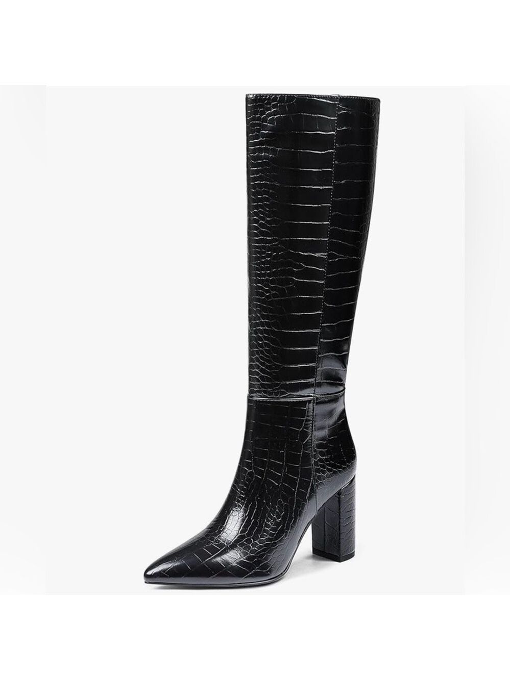 Women's Black Croc-Embossed Knee Boots - Picture 3 of 17